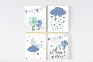 Navy blue wall art, blue and mint gray nursery, blue, mint, grey nursery, oh the places you'll go, hot ait balloon nursery, travel theme