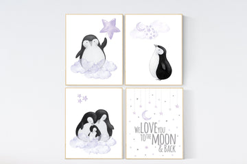 Penguin nursery, cloud and stars, purple nursery art. baby room wall art, nursery wall art penguin, lilac, lavender, nursery wall art