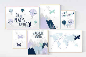 Nursery decor girl adventure, mountain, purple nursery, lilac, navy, mint, adventure awaits, adventure theme, hot air balloon nursery art