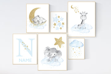 Nursery decor boy elephant and giraffe, Animal nursery for boys, blue gold, baby room wall art, nursery wall art animals, name nursery art