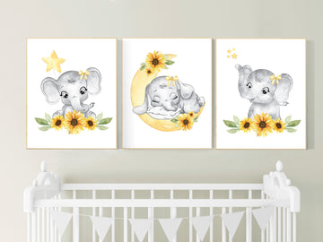 Yellow nursery, sunflower, floral nursery, elephant nursery wall decor, flower nursery decor, yellow and gray, animal nursery prints