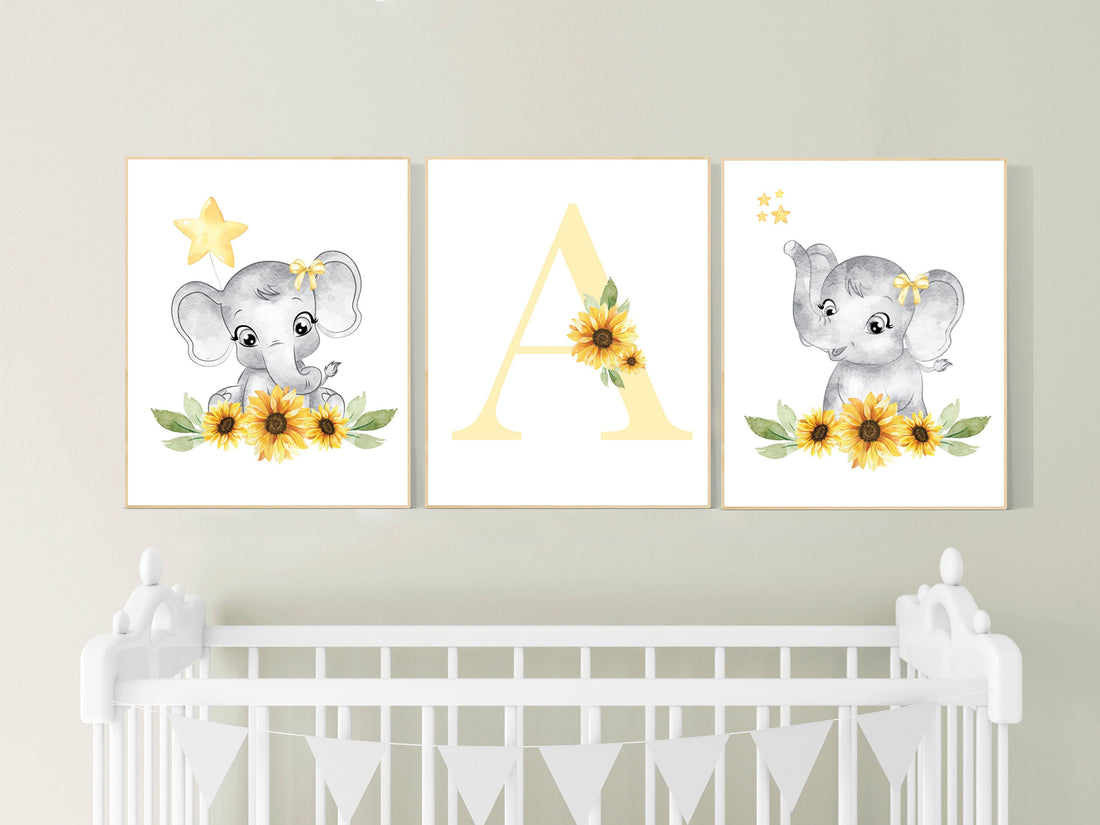 Yellow nursery, sunflower, floral nursery, elephant nursery wall decor, flower nursery decor, yellow and gray, animal nursery prints