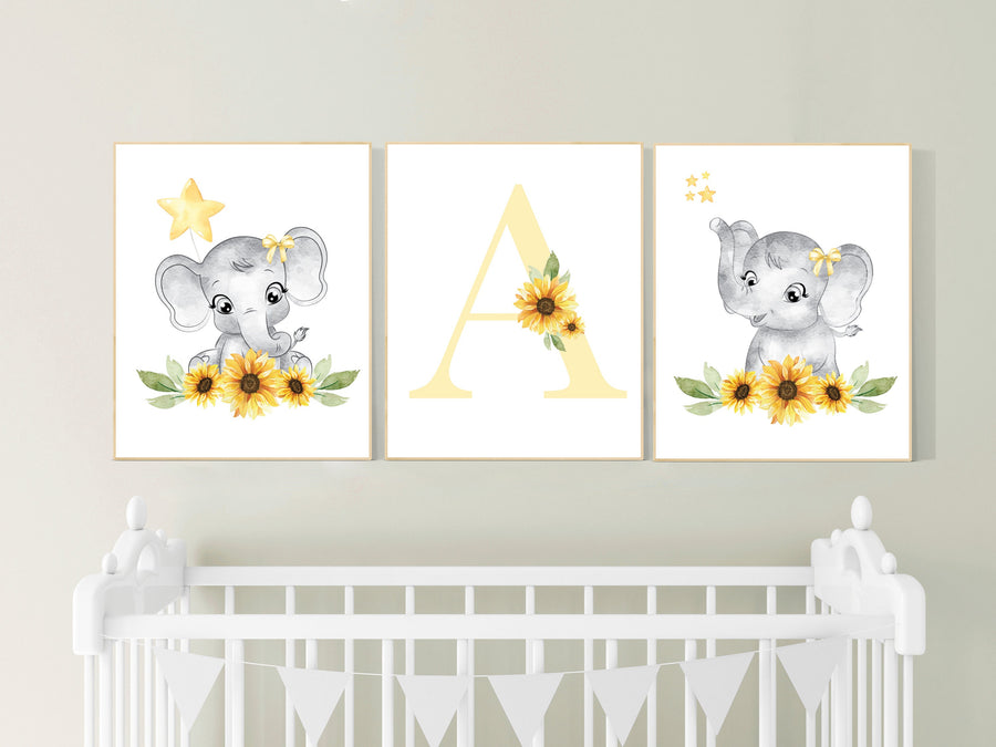 Yellow nursery, sunflower, floral nursery, elephant nursery wall decor, flower nursery decor, yellow and gray, animal nursery prints