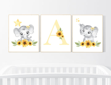 Yellow nursery, sunflower, floral nursery, elephant nursery wall decor, flower nursery decor, yellow and gray, animal nursery prints