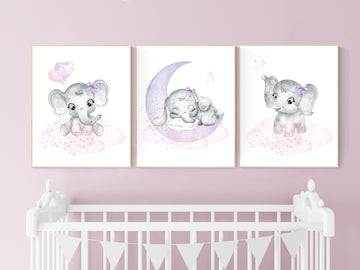 Nursery decor girl elephant, lavender, nursery decor girl pink and purple, animal nursery, elephant decor for nursery for girl, lilac art