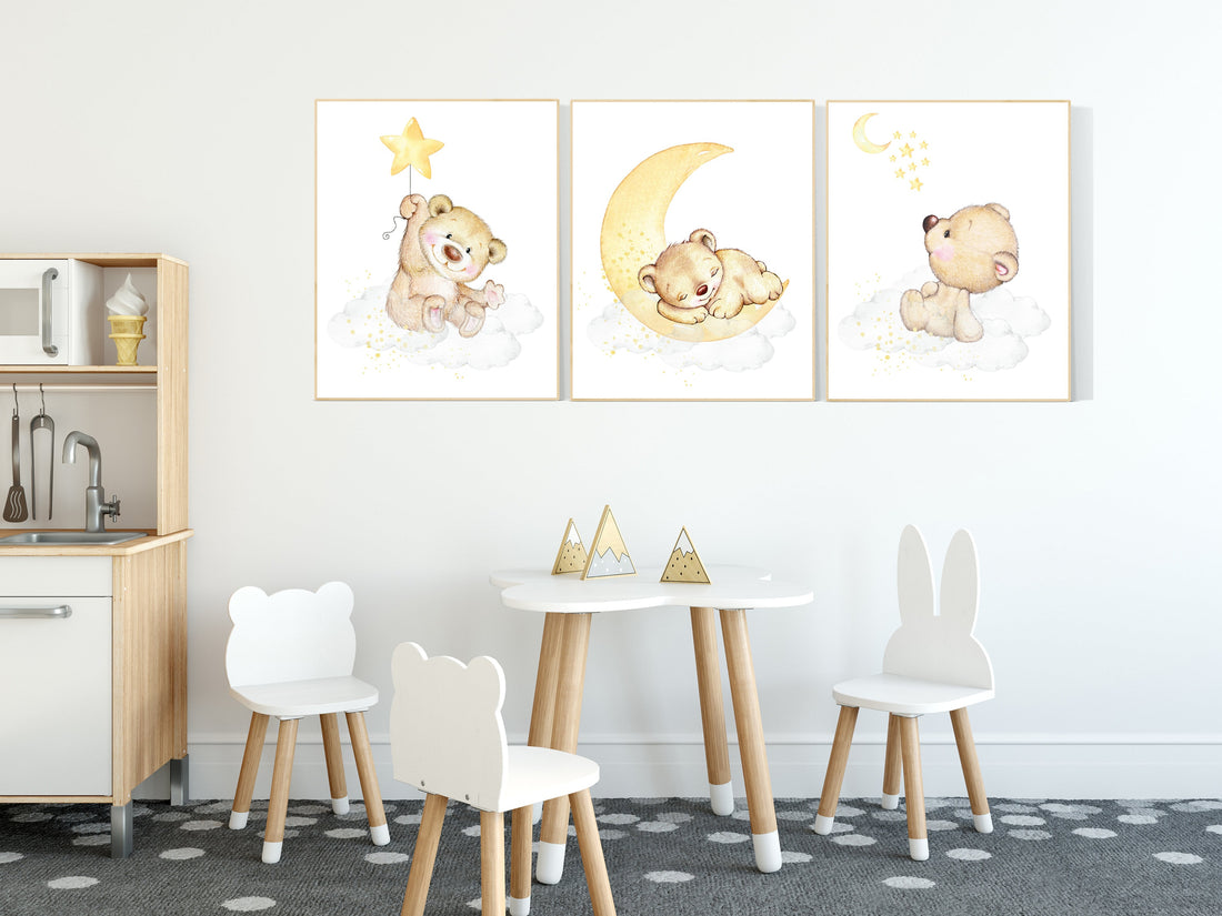 Nursery decor bear, gender neutral nursery wall art, yellow nursery, bear nursery print, teddy bear decor, nursery wall art animals, yellow