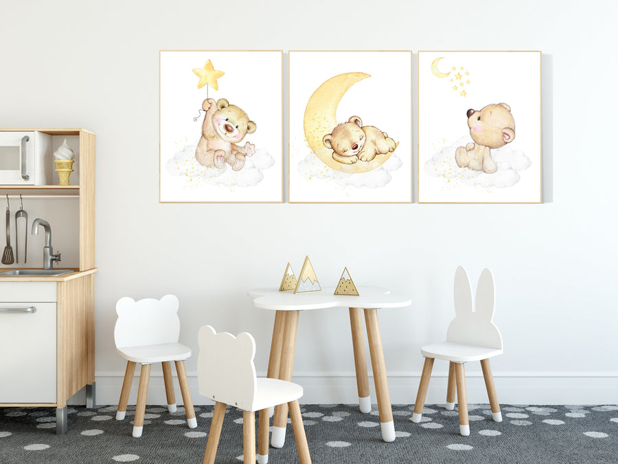 Nursery decor bear, gender neutral nursery wall art, yellow nursery, bear nursery print, teddy bear decor, nursery wall art animals, yellow