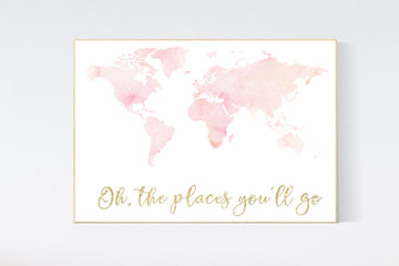 Blush pink watercolor world map, Nursery baby girl room, nursery wall art map, blush nursery, nursery decor girl map print, girl room decor