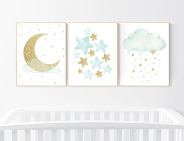 Mint gold nursery decor, stars, moon, cloud, nursery wall art mint, gender neutral nursery, mint green nursery, cloud nursery