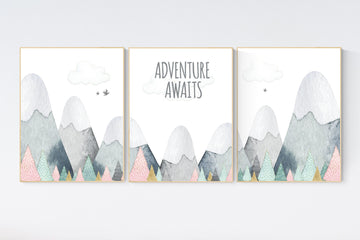 Nursery decor girl mountain, adventure nursery, adventure theme nursery, woodland, gender neutral, adventure awaits, mountains, forest