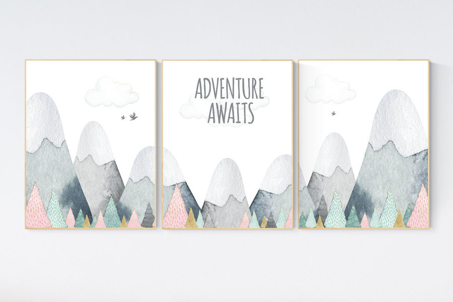 Nursery decor girl mountain, adventure nursery, adventure theme nursery, woodland, gender neutral, adventure awaits, mountains, forest