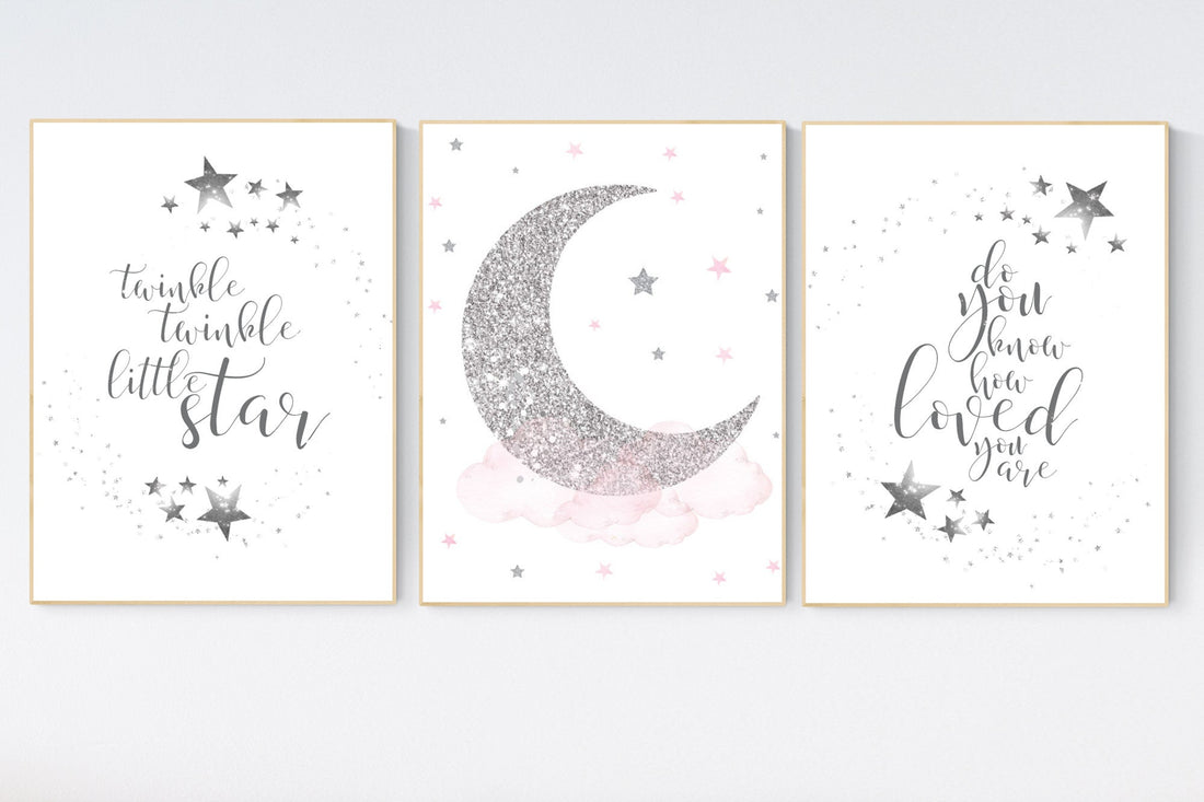 Twinkle twinkle little star, Nursery wall art girl pink silver, baby room decor girl silver and pink, cloud and stars, baby room, moon print