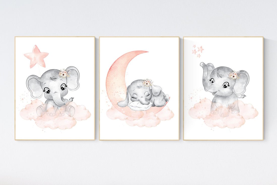 Nursery decor elephant, peach nursery, elephant nursery print, nursery wall art animals, girl nursery, coral nursery, nursery wall decor