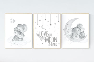 Grey nursery wall art, elephant nursery wall art, moon and stars, gender neutral, gray nursery art, baby room decor, neutral, twin nursery