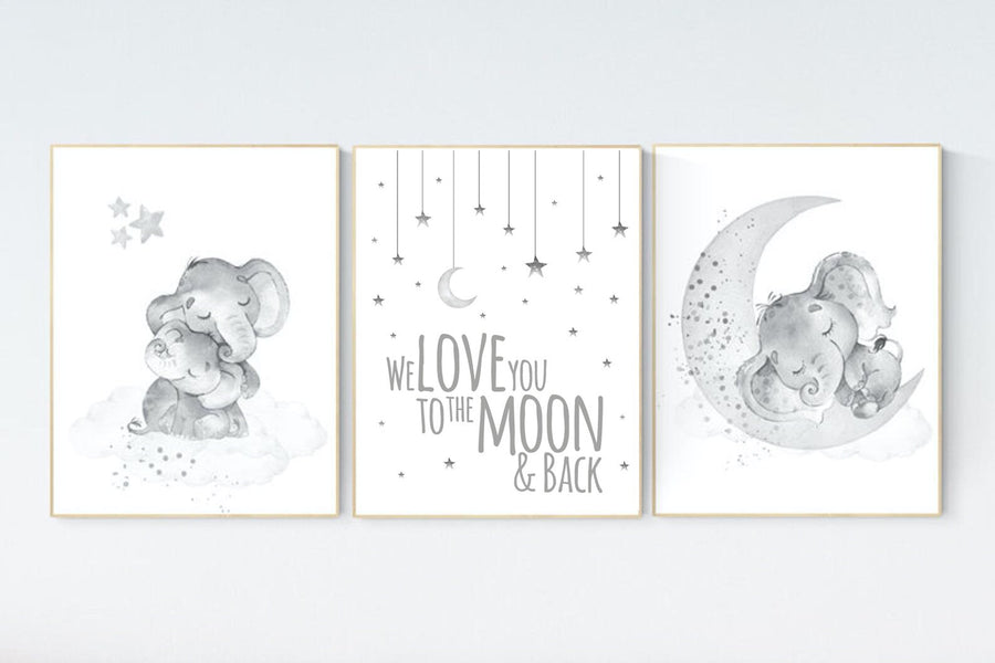 Grey nursery wall art, elephant nursery wall art, moon and stars, gender neutral, gray nursery art, baby room decor, neutral, twin nursery