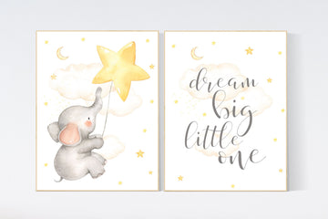Cloud and stars nursery, Nursery wall art elephant, Nursery decor neutral, gender neutral, dream big little one, yellow nursery, moon