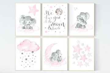 Nursery decor girl, nursery decor elephant, girl room wall art, baby nursery wall art, moon and stars nursery, nursery decor clouds stars