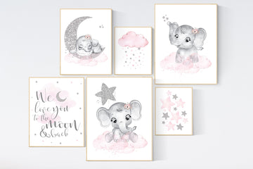 Nursery decor girl, pink and silver, elephant nursery prints, nursery wall art girl, baby girl elephant nursery decor, girl nursery wall art