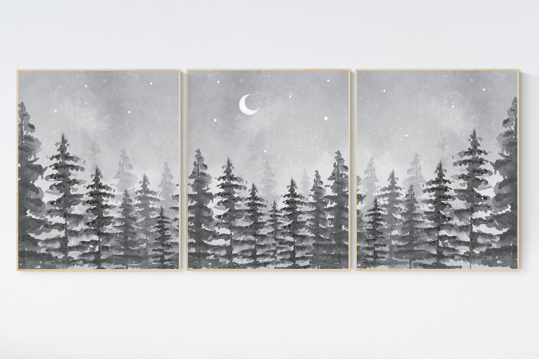 Nursery decor woodland, gender neutral, forest, adventure theme nursery, tree nursery, forest nursery, mountains, gray, grey, nursery art
