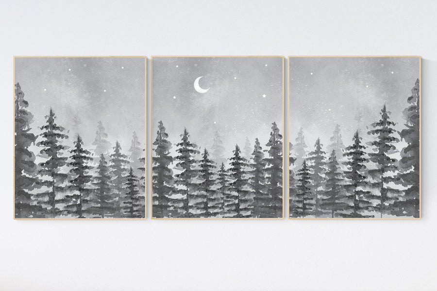 Nursery decor woodland, gender neutral, forest, adventure theme nursery, tree nursery, forest nursery, mountains, gray, grey, nursery art
