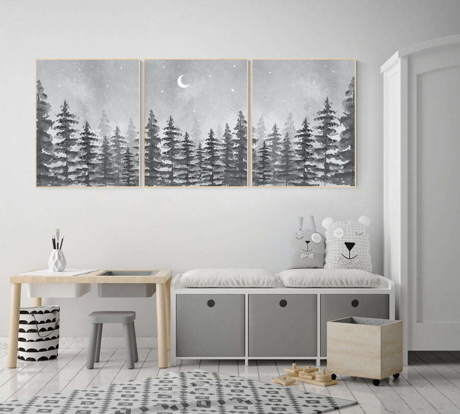 Nursery decor woodland, gender neutral, forest, adventure theme nursery, tree nursery, forest nursery, mountains, gray, grey, nursery art