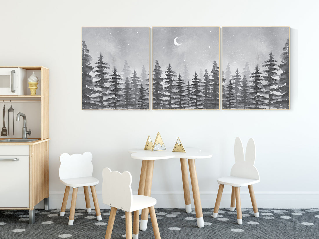 Nursery decor woodland, gender neutral, forest, adventure theme nursery, tree nursery, forest nursery, mountains, gray, grey, nursery art