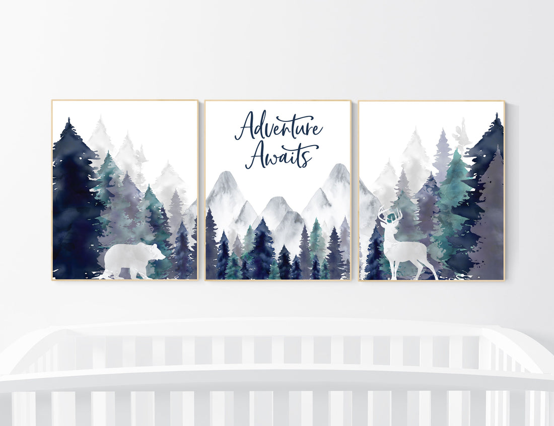 Nursery decor woodland, mountain wall art, tree nursery decor, adventure theme nursery, forest, navy and teal, woodland animals