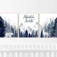 Nursery decor woodland, mountain wall art, tree nursery decor, adventure theme nursery, forest, navy and teal, woodland animals