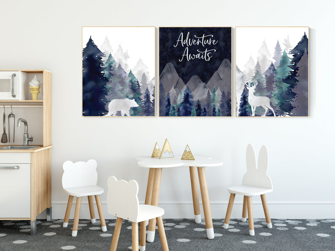 Nursery decor boy mountain, woodland nursery, tree nursery wall decor, adventure theme nursery, forest, navy and teal, woodland animals