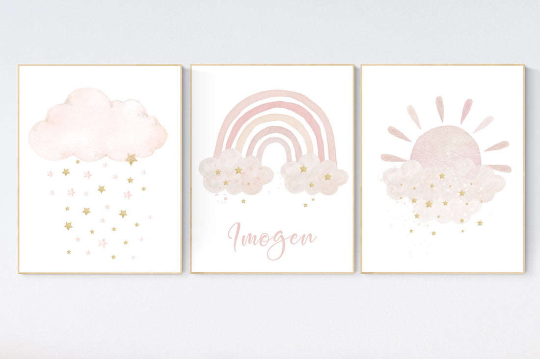 Nursery prints rainbow, blush Nursery decor girl, blush gold nursery wall art, blush pink, moon star, cloud, nursery wall art, sun nursery