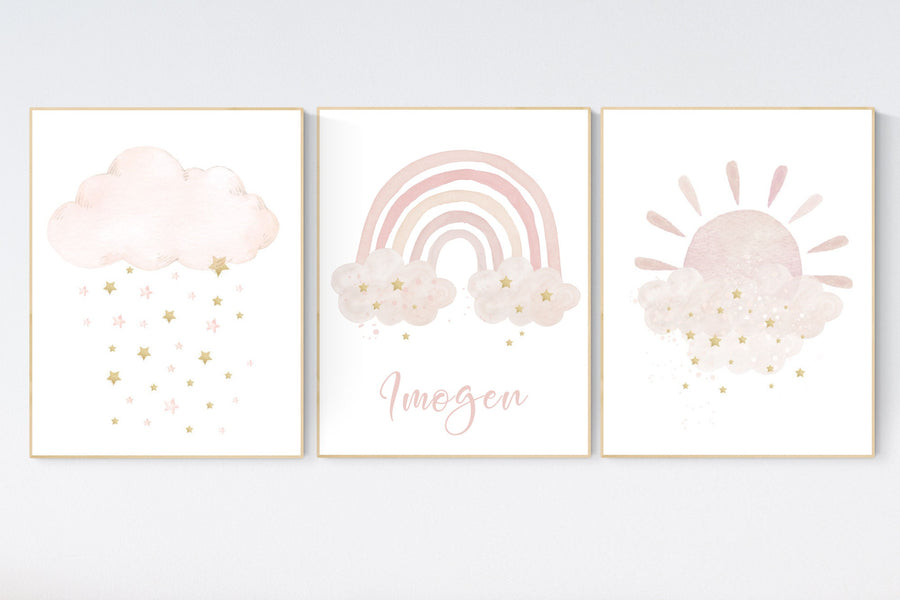 Nursery prints rainbow, blush Nursery decor girl, blush gold nursery wall art, blush pink, moon star, cloud, nursery wall art, sun nursery