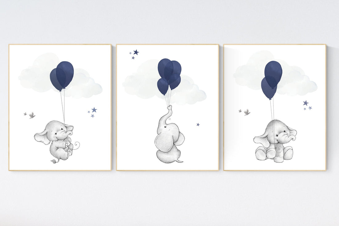 Nursery decor boy elephant, navy nursery wall art, elephant balloon print, navy blue, navy gray nursery wall decor, boy nursery ideas