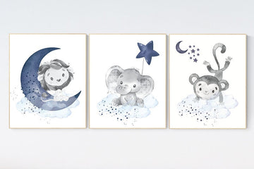 Nursery decor boys animals, giraffe, lion, koala, nursery prints, navy nursery, navy blue nursery, baby room wall art, woodland animal print