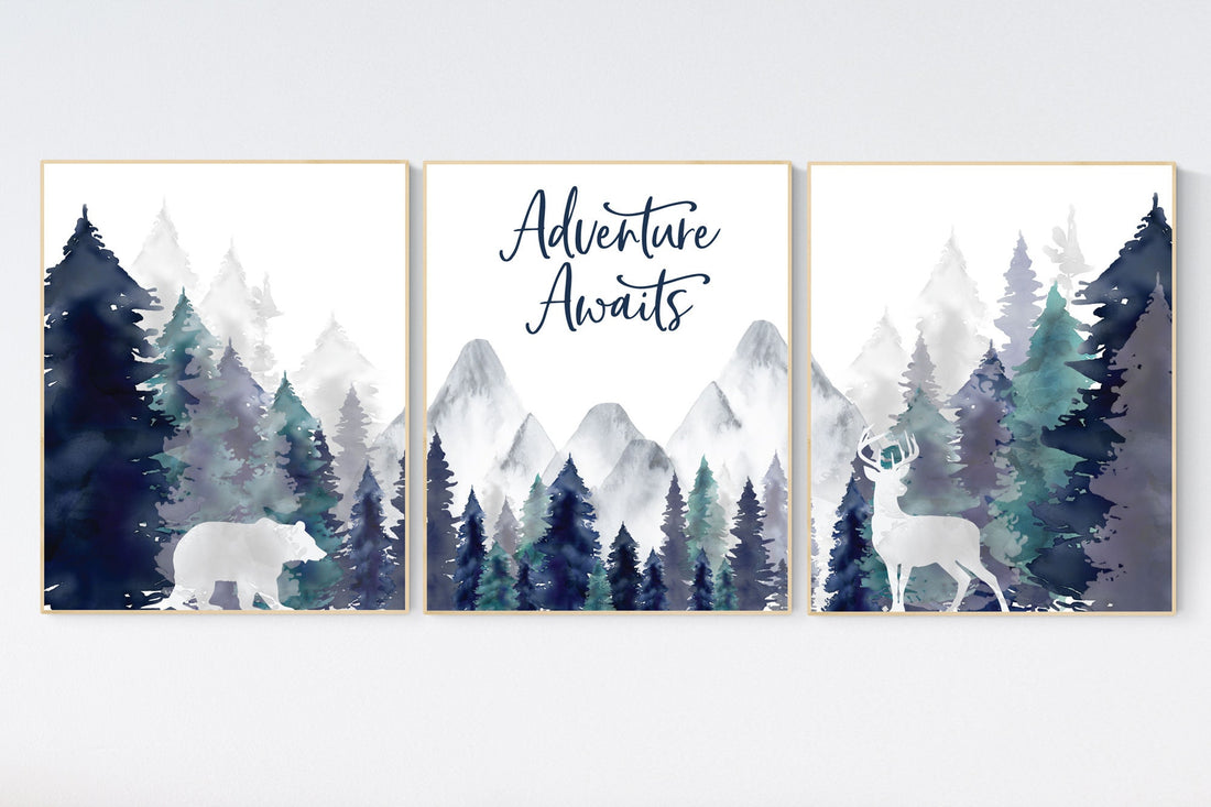 Nursery decor woodland, mountain wall art, tree nursery decor, adventure theme nursery, forest, navy and teal, woodland animals