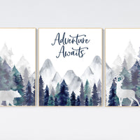 Nursery decor woodland, mountain wall art, tree nursery decor, adventure theme nursery, forest, navy and teal, woodland animals