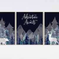 Nursery decor boy woodland, mountain wall art, tree nursery decor, adventure theme nursery, forest, navy and teal, woodland animals