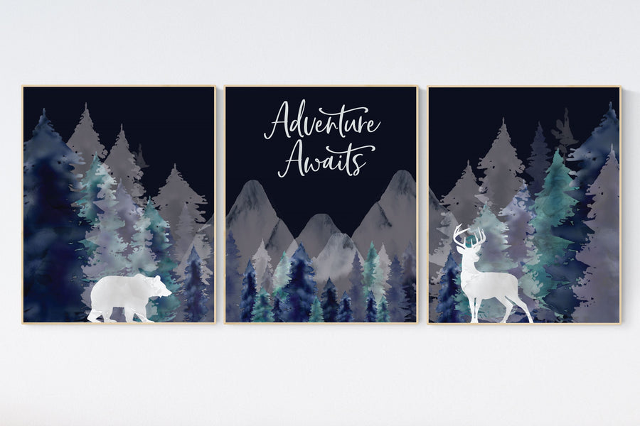 Nursery decor boy woodland, mountain wall art, tree nursery decor, adventure theme nursery, forest, navy and teal, woodland animals