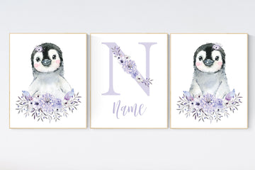 Penguin nursery, purple nursery art, baby room wall art, penguin nursery prints, lilac, lavender, floral nursery, flower nursery decor, girl