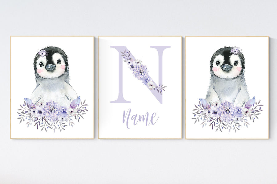 Penguin nursery, purple nursery art, baby room wall art, penguin nursery prints, lilac, lavender, floral nursery, flower nursery decor, girl