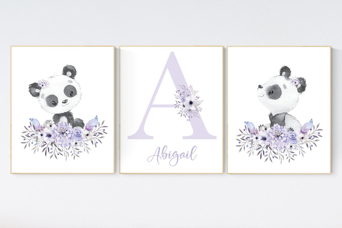 Nursery decor girl, panda nursery, purple nursery wall art, floral nursery, nursery decor animal, girl nursery wall decor, flower nursery