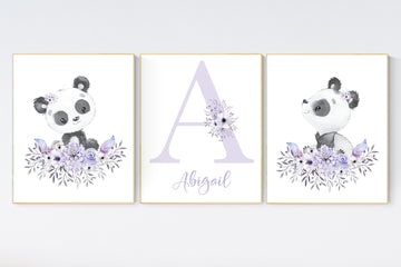 Nursery decor girl, panda nursery, purple nursery wall art, floral nursery, nursery decor animal, girl nursery wall decor, flower nursery