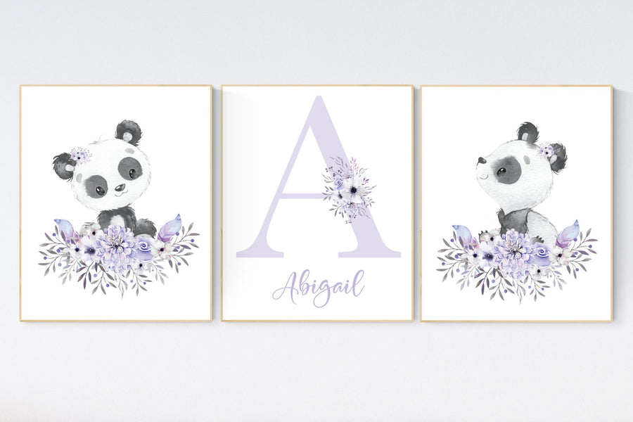Nursery decor girl, panda nursery, purple nursery wall art, floral nursery, nursery decor animal, girl nursery wall decor, flower nursery
