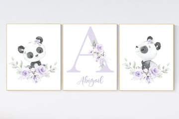 Nursery decor girl, panda nursery, lilac nursery, purple nursery, floral, nursery decor animal, girl nursery, flower nursery, name nursery