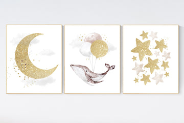 Whale nursery decor, gender neutral nursery, gold nursery, moon and stars, nursery decor nautical, sea theme nursery decor, whale nursery