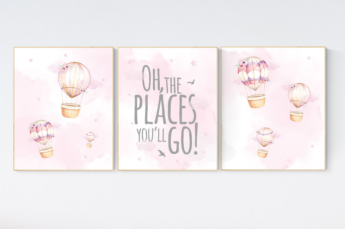 Hot air balloon nursery girls, Nursery decor girl, hot air balloon art for nursery, pink nursery prints, girls room wall decor, girl nursery