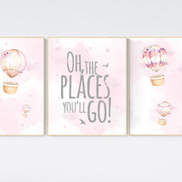 Hot air balloon nursery girls, Nursery decor girl, hot air balloon art for nursery, pink nursery prints, girls room wall decor, girl nursery