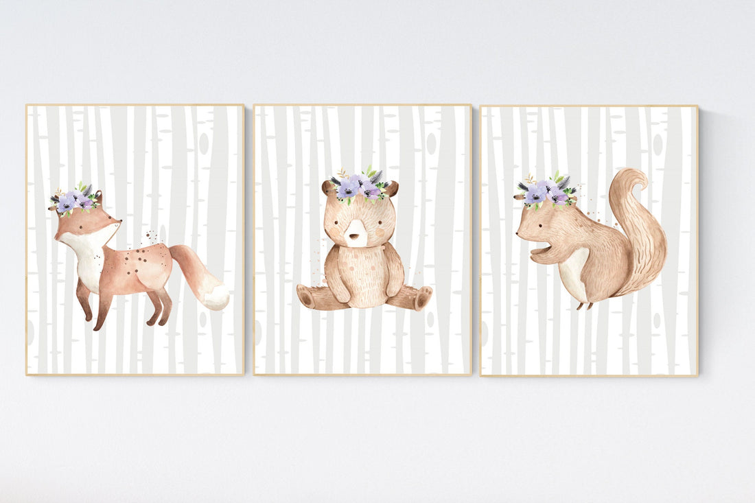 Nursery decor girl woodland, lilac nursery, lavender, purple nursery, woodland animals nursery, fox nursery, nursery art woodland, animal