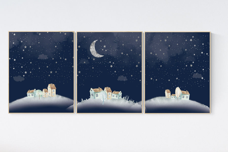 Gender neutral nursery decor, moon and stars, navy nursery, nursery wall decor, set of 3, nursery decor sets, nursery decor boy stars