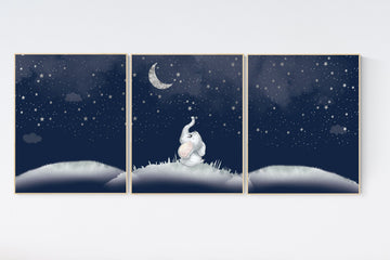 Gender neutral nursery, elephant nursery, Nursery decor neutral, moon and stars, nursery decor sets, nursery decor boy stars, sky, set of 3