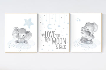 Nursery decor boy elephant,  blue nursery decor, we love you to the moon and back, moon and stars, dusty blue nursery art, elephant nursery